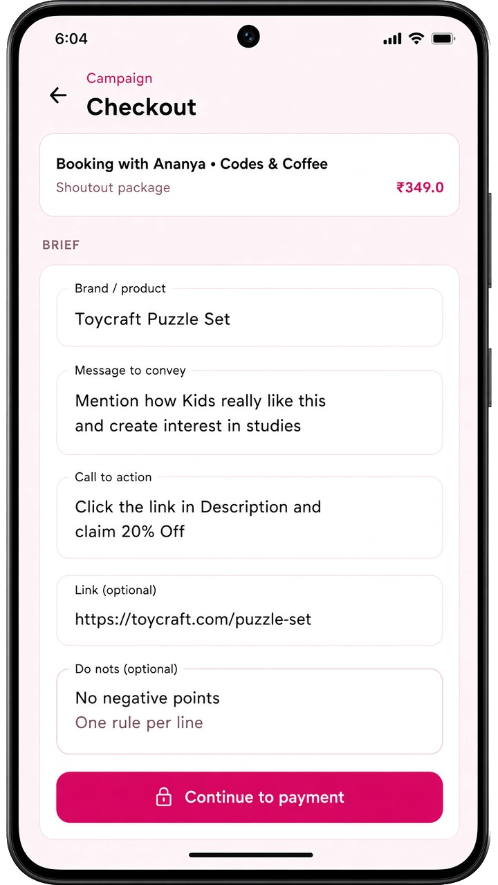 Checkout brief: brand, message, call to action, link, and Continue to payment