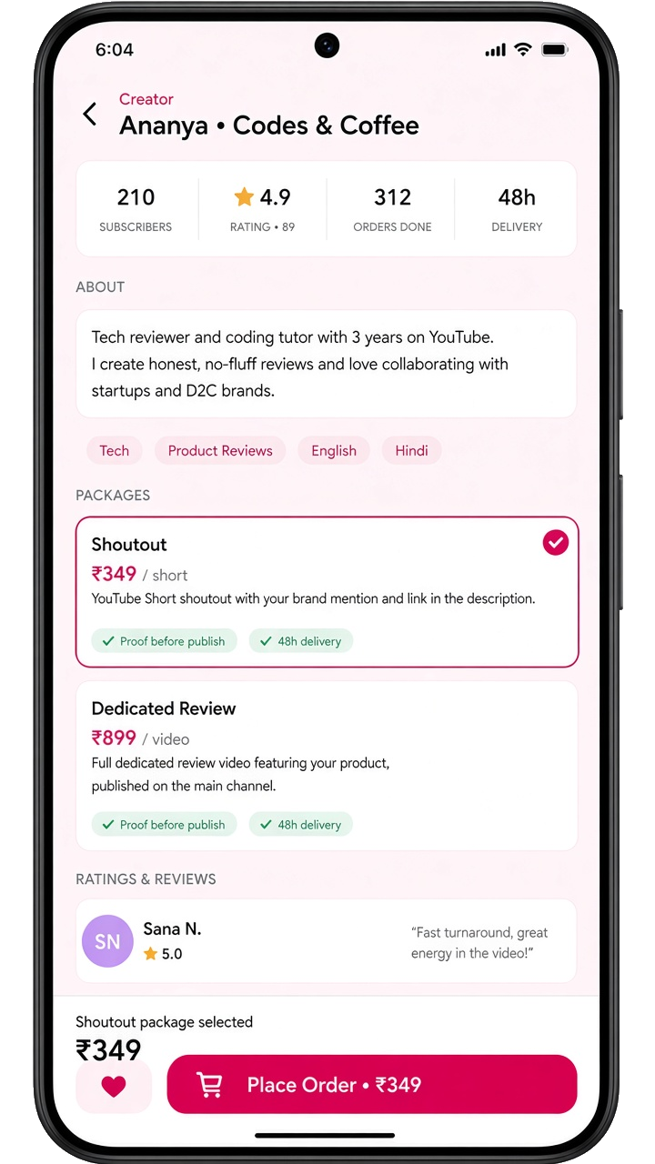 Creator profile with packages: Quick Shoutout and Dedicated Review, ratings, and Place Order