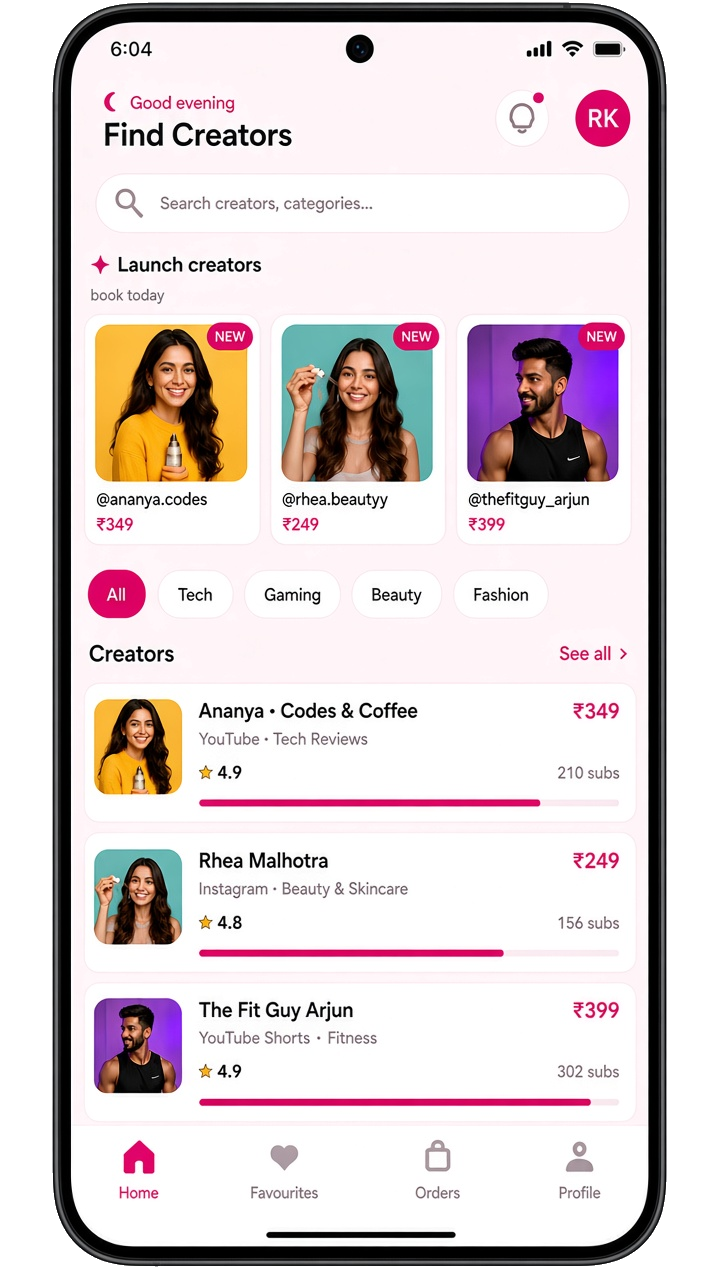 BuzzMi Find Creators screen: search, launch creators, and book at listed prices